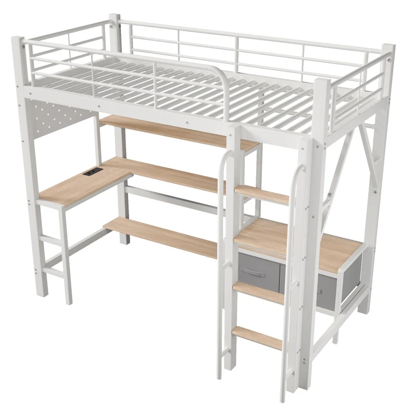 Letto a soppalco 90 x 200 cm con scrivania in metallo e MDF; bianco; con scaffali; LED e USB