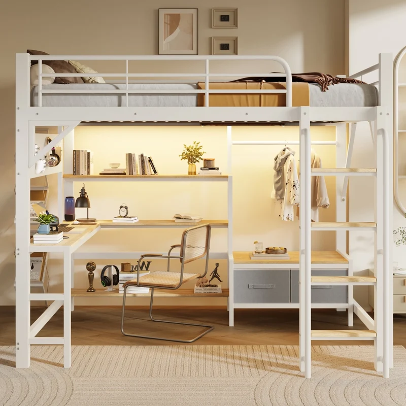Letto a soppalco 140 x 200 cm con scrivania; struttura in acciaio e MDF; bianco; senza materasso