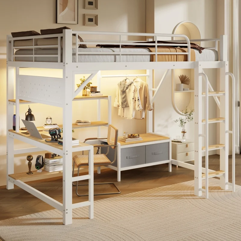 Letto a soppalco 140 x 200 cm con scrivania; struttura in acciaio e MDF; bianco; senza materasso
