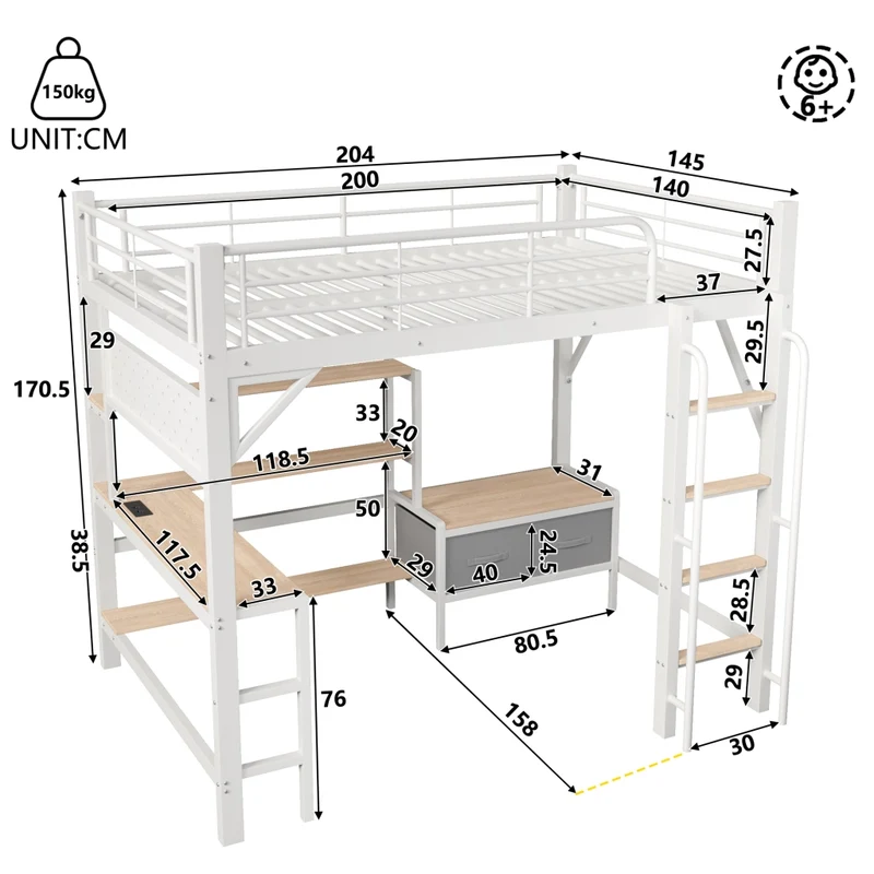 Letto a soppalco 140 x 200 cm con scrivania; struttura in acciaio e MDF; bianco; senza materasso