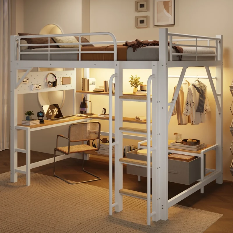 Letto a soppalco 140 x 200 cm con scrivania; struttura in acciaio e MDF; bianco; senza materasso