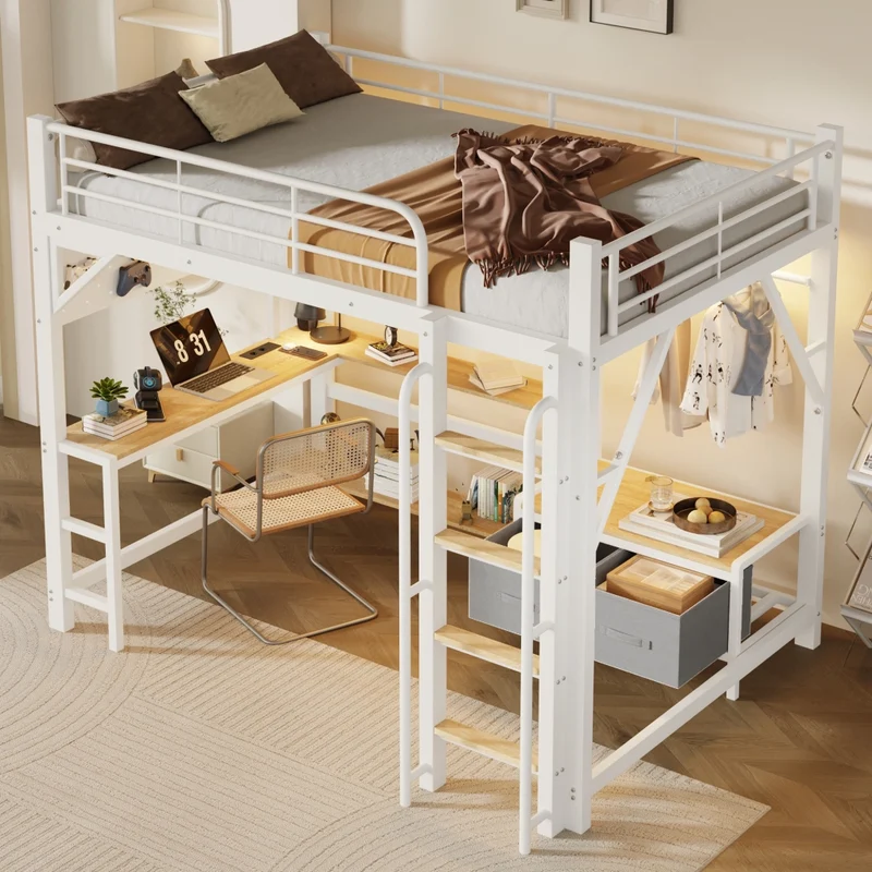 Letto a soppalco 140 x 200 cm con scrivania; struttura in acciaio e MDF; bianco; senza materasso