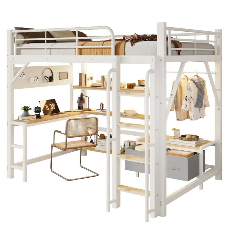 Letto a soppalco 140 x 200 cm con scrivania; struttura in acciaio e MDF; bianco; senza materasso