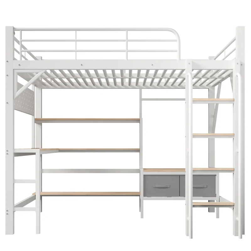 Letto a soppalco 140 x 200 cm con scrivania; struttura in acciaio e MDF; bianco; senza materasso