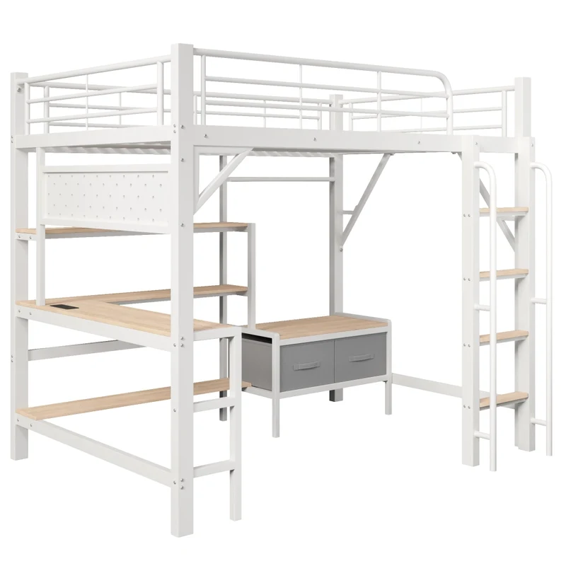 Letto a soppalco 140 x 200 cm con scrivania; struttura in acciaio e MDF; bianco; senza materasso