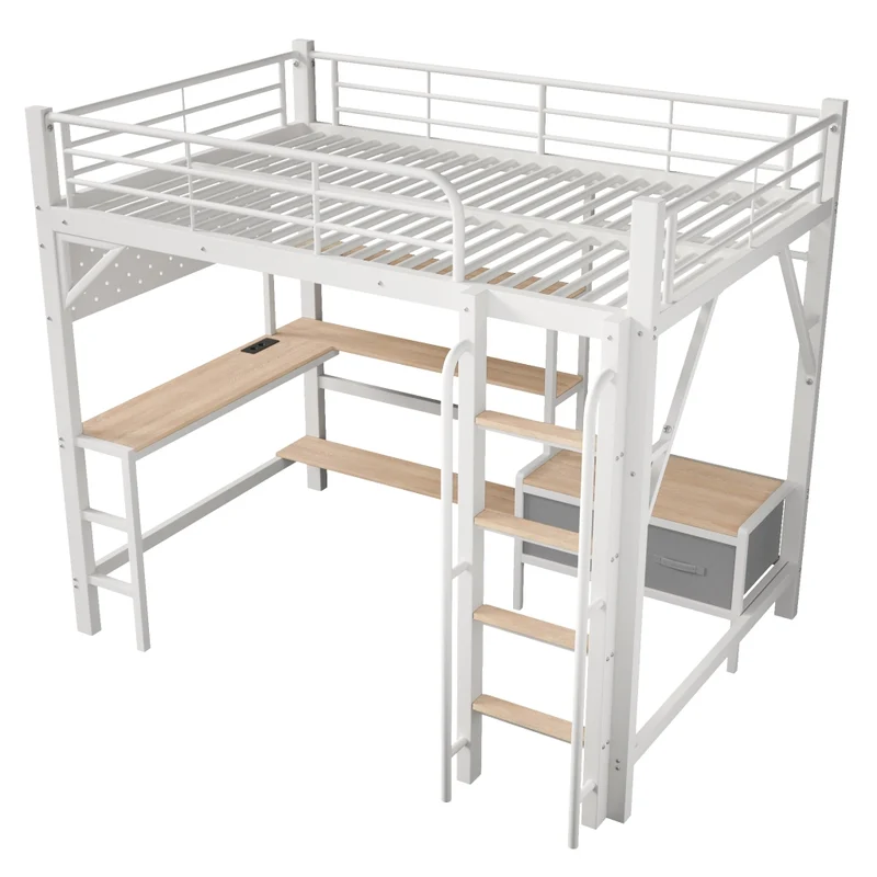 Letto a soppalco 140 x 200 cm con scrivania; struttura in acciaio e MDF; bianco; senza materasso
