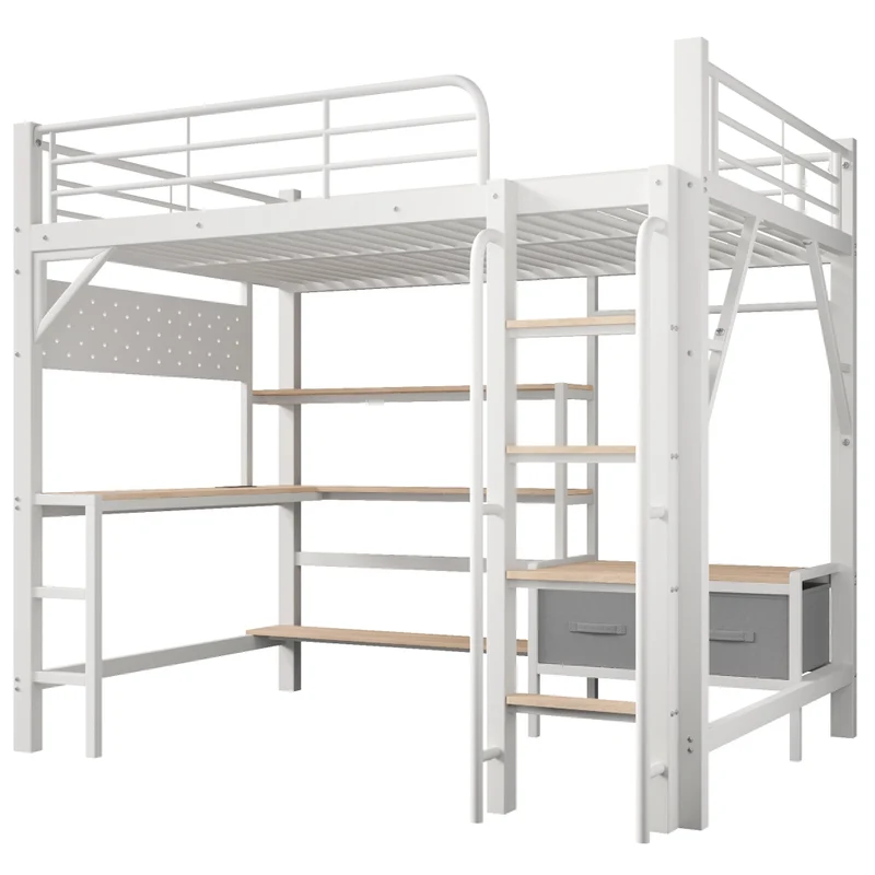 Letto a soppalco 140 x 200 cm con scrivania; struttura in acciaio e MDF; bianco; senza materasso