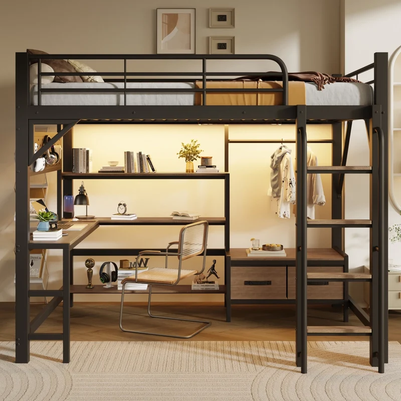 Letto a soppalco 140 x 200 cm con scrivania in metallo e MDF; nero