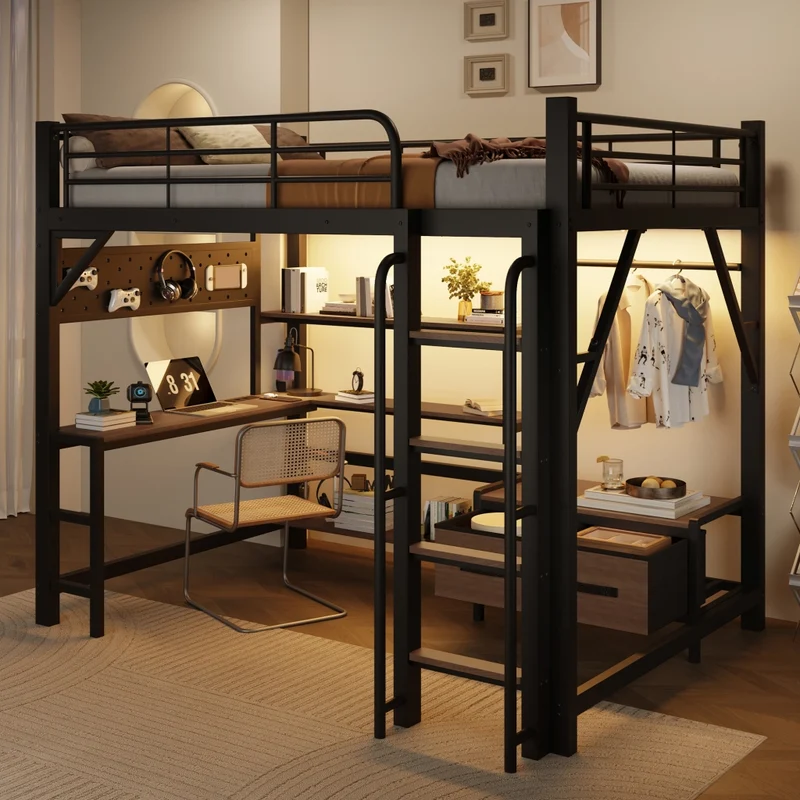 Letto a soppalco 140 x 200 cm con scrivania in metallo e MDF; nero