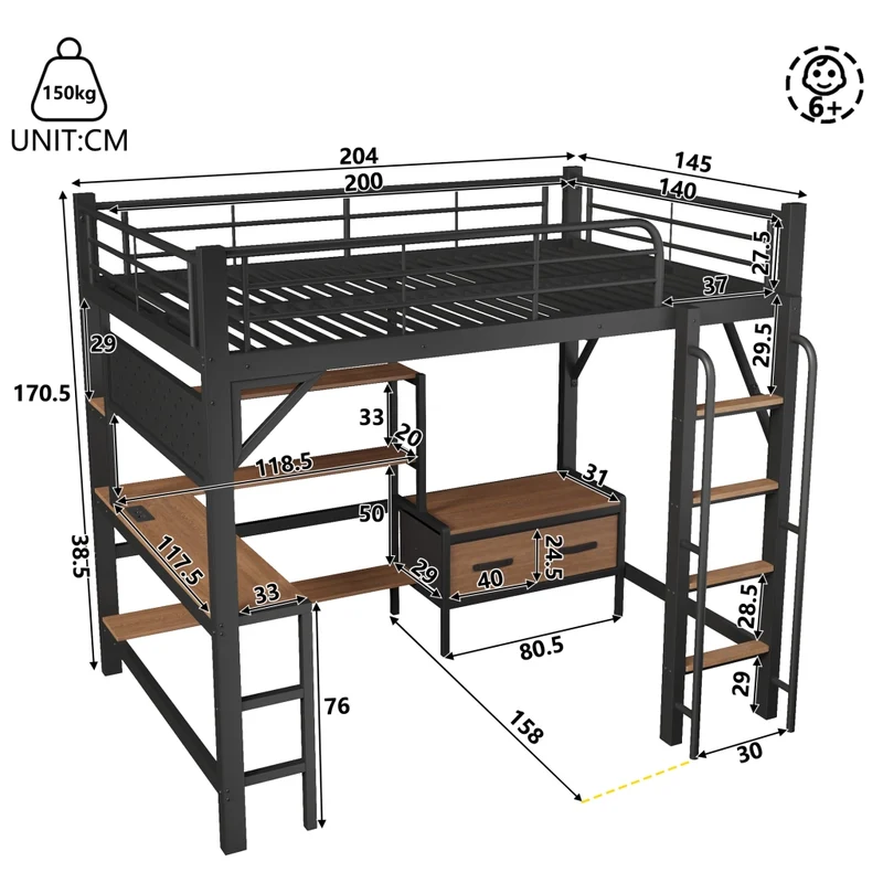 Letto a soppalco 140 x 200 cm con scrivania in metallo e MDF; nero