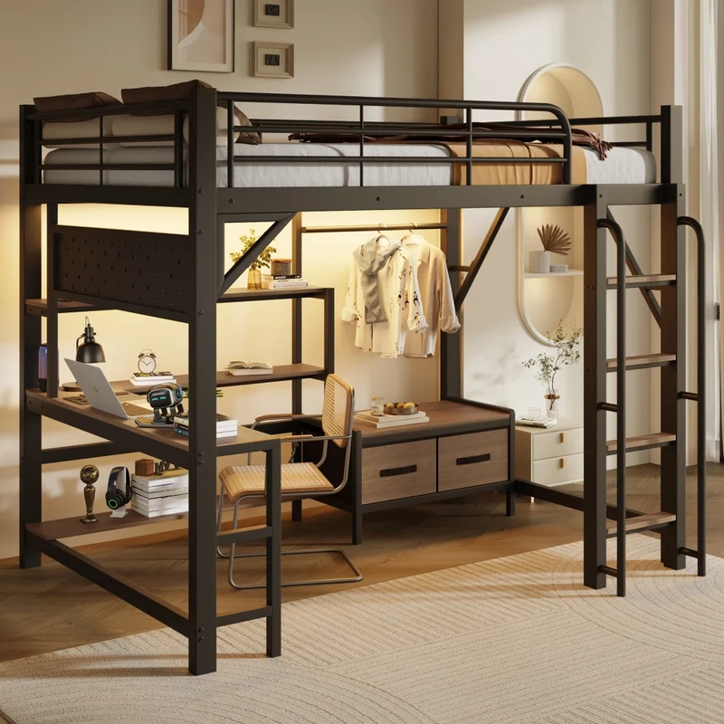 Letto a soppalco 140 x 200 cm con scrivania in metallo e MDF; nero