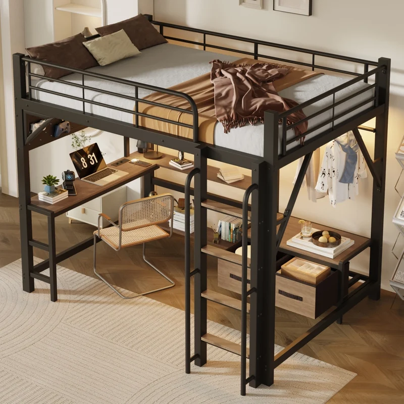 Letto a soppalco 140 x 200 cm con scrivania in metallo e MDF; nero