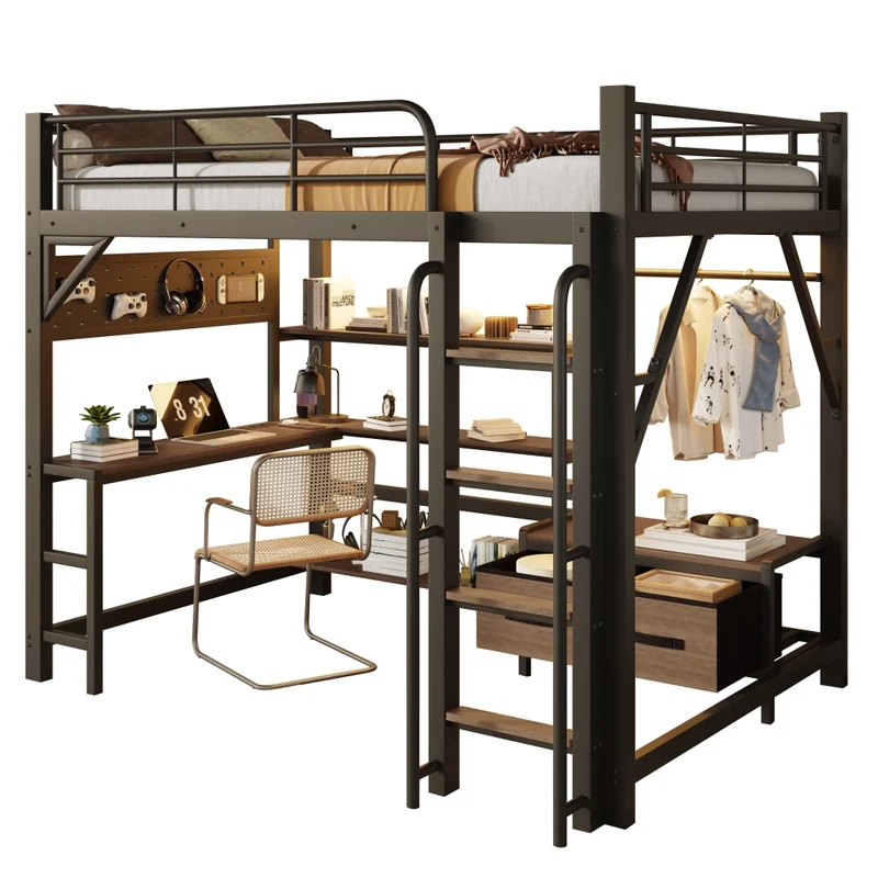 Letto a soppalco 140 x 200 cm con scrivania in metallo e MDF; nero