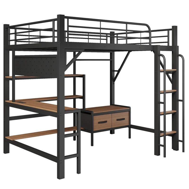 Letto a soppalco 140 x 200 cm con scrivania in metallo e MDF; nero
