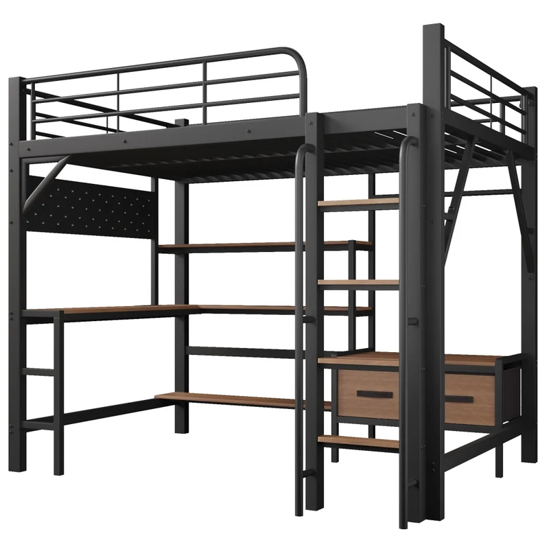 Letto a soppalco 140 x 200 cm con scrivania in metallo e MDF; nero