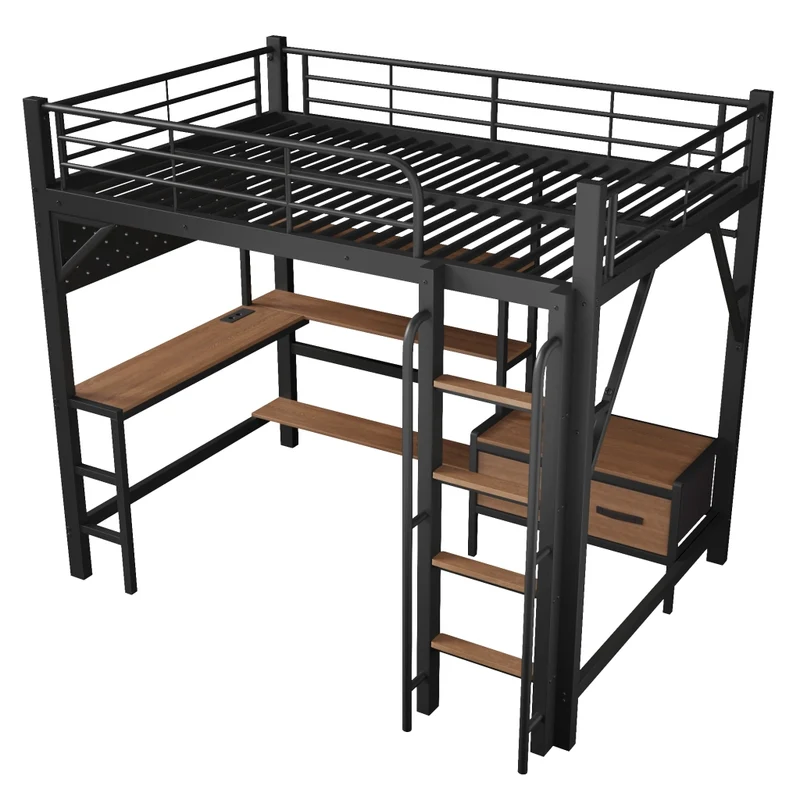 Letto a soppalco 140 x 200 cm con scrivania in metallo e MDF; nero