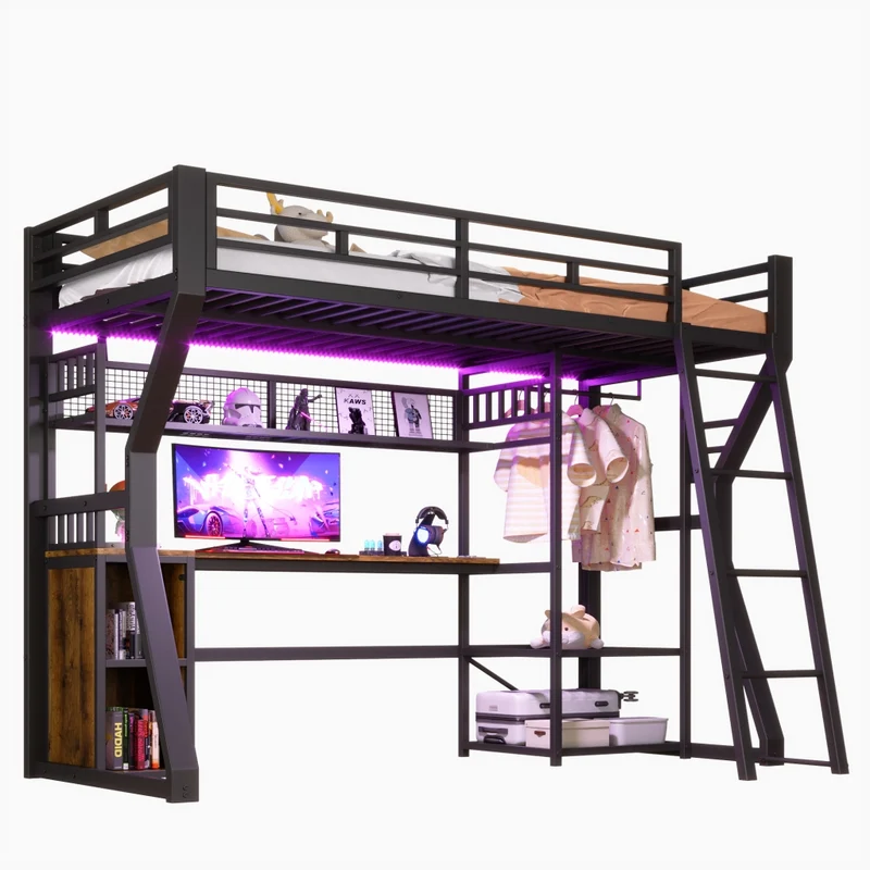 Letto a soppalco 90x200 con scrivania; struttura in metallo e MDF nera; luce e vani portaoggetti