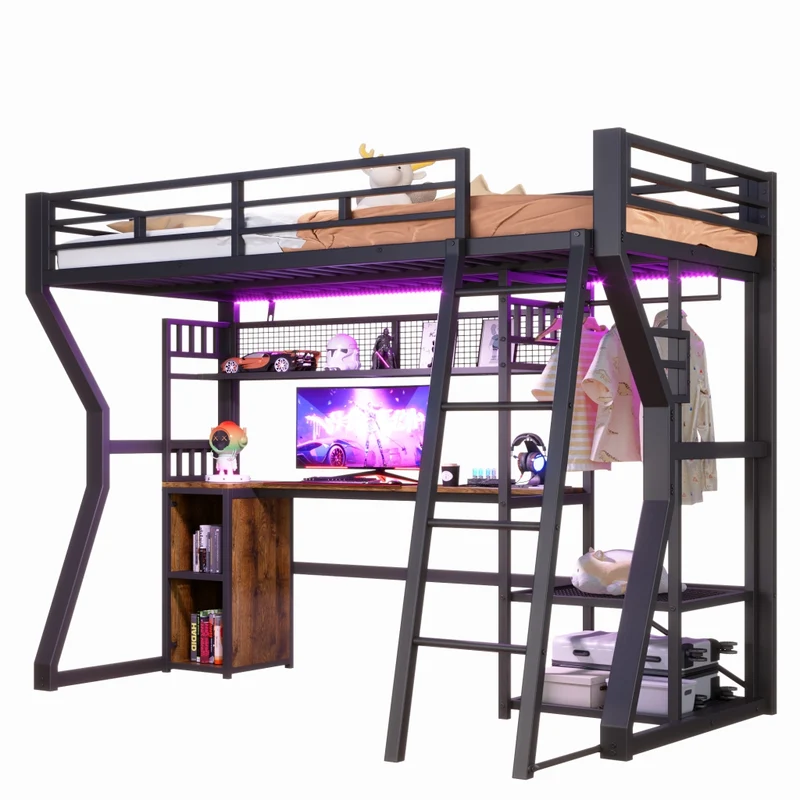 Letto a soppalco 90x200 con scrivania; struttura in metallo e MDF nera; luce e vani portaoggetti