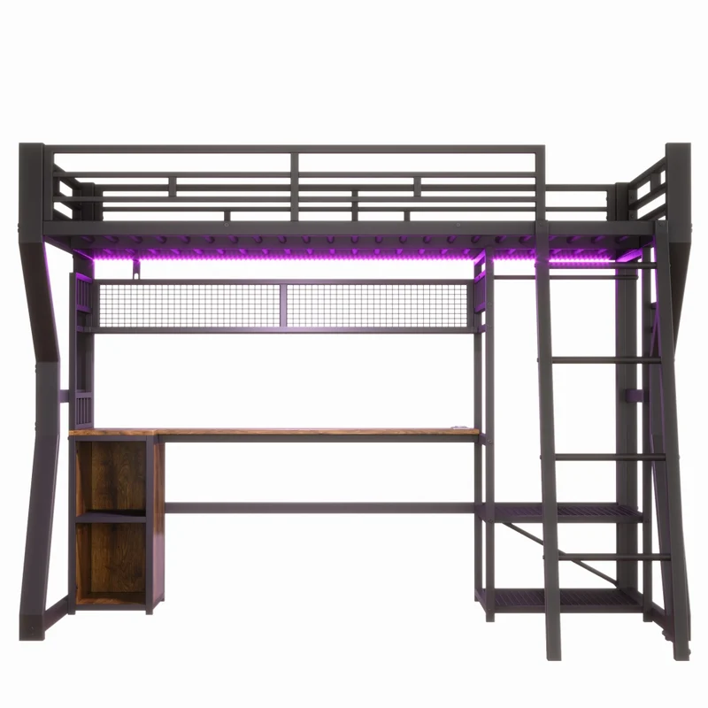 Letto a soppalco 90x200 con scrivania; struttura in metallo e MDF nera; luce e vani portaoggetti