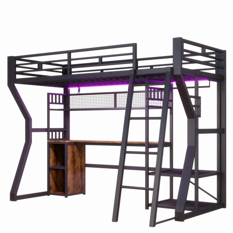Letto a soppalco 90x200 con scrivania; struttura in metallo e MDF nera; luce e vani portaoggetti