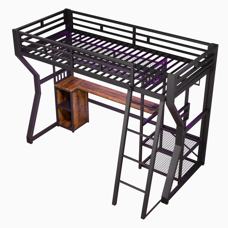 Letto a soppalco 90x200 con scrivania; struttura in metallo e MDF nera; luce e vani portaoggetti