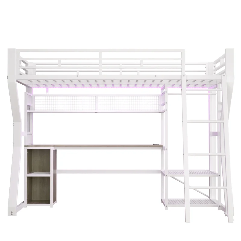 Letto a soppalco 90x200 con scrivania; struttura in metallo e MDF bianca