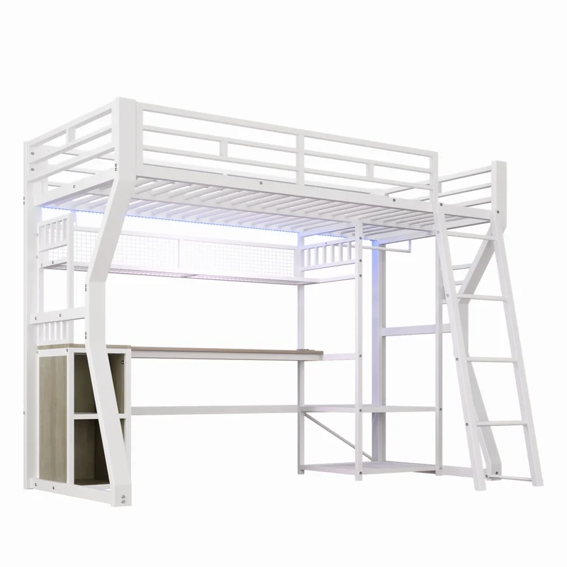 Letto a soppalco 90x200 con scrivania; struttura in metallo e MDF bianca