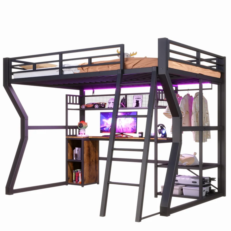 Letto a soppalco 140x200 cm con scrivania; struttura in metallo nero; luce e presa integrata