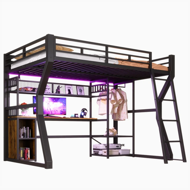 Letto a soppalco 140x200 cm con scrivania; struttura in metallo nero; luce e presa integrata