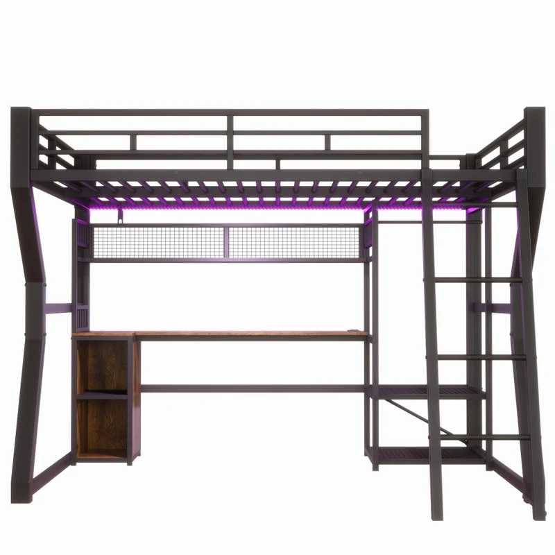 Letto a soppalco 140x200 cm con scrivania; struttura in metallo nero; luce e presa integrata