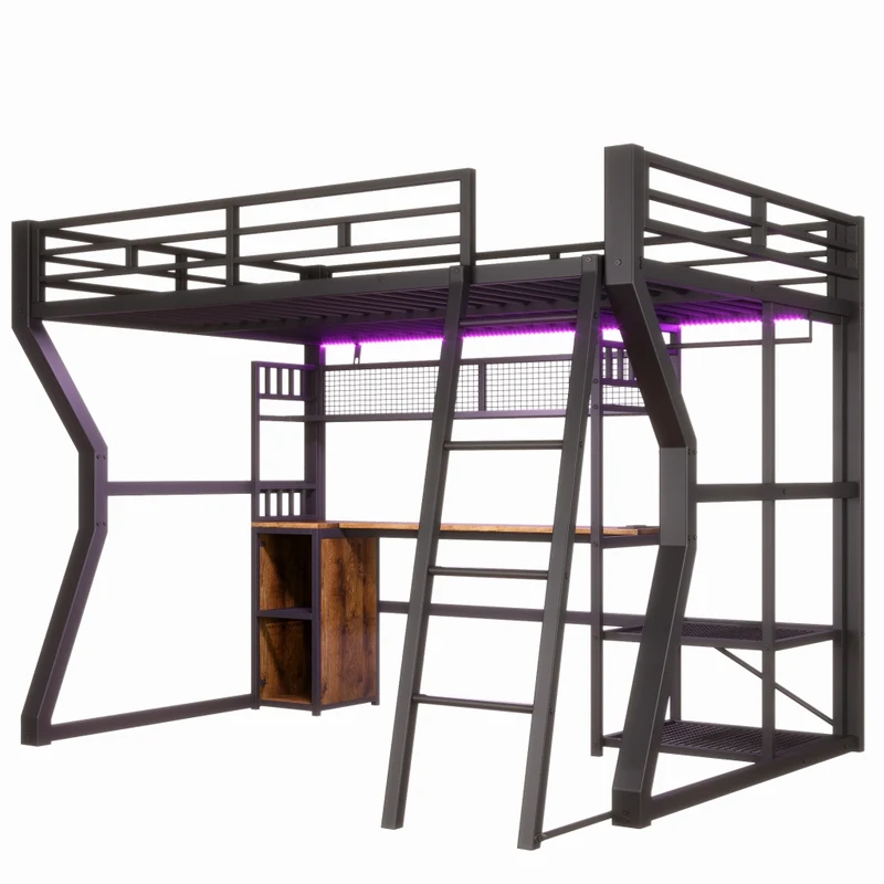 Letto a soppalco 140x200 cm con scrivania; struttura in metallo nero; luce e presa integrata