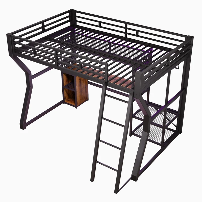 Letto a soppalco 140x200 cm con scrivania; struttura in metallo nero; luce e presa integrata