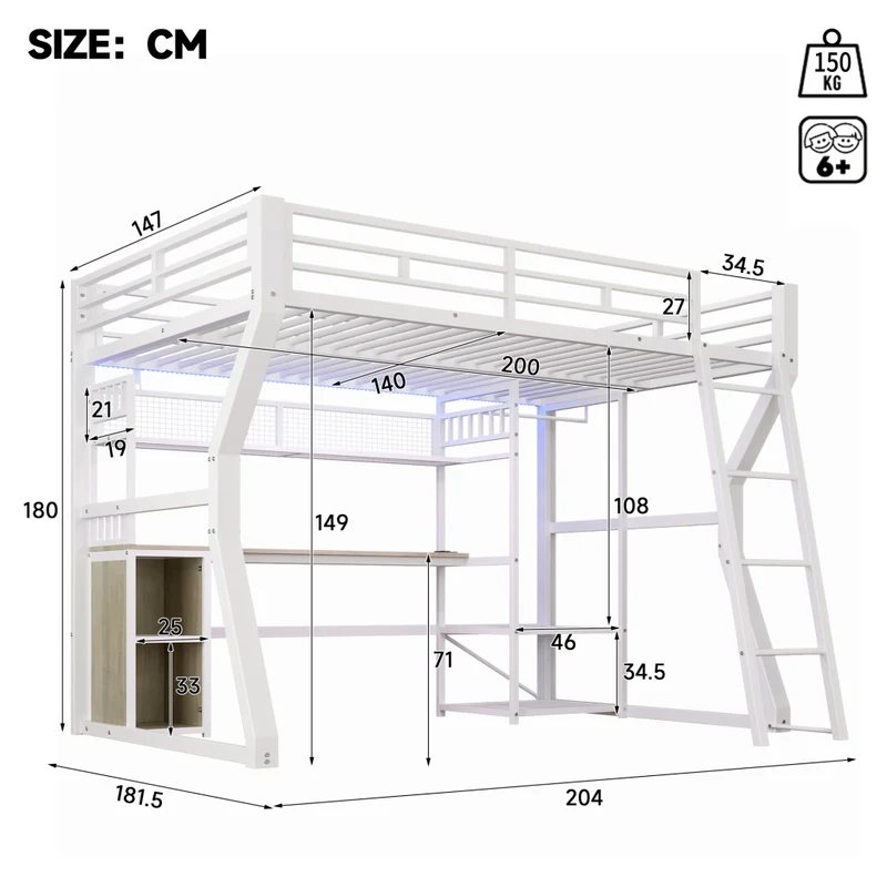Letto a soppalco 140x200 con scrivania in metallo e MDF; luce regolabile; presa integrata; bianco
