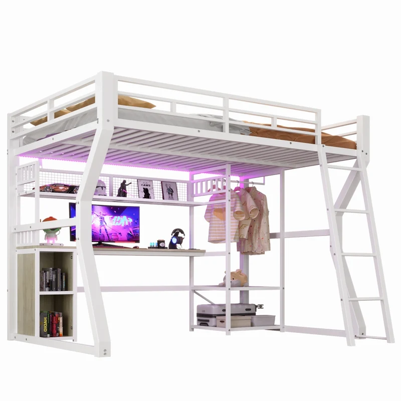Letto a soppalco 140x200 con scrivania in metallo e MDF; luce regolabile; presa integrata; bianco