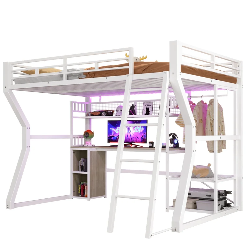 Letto a soppalco 140x200 con scrivania in metallo e MDF; luce regolabile; presa integrata; bianco