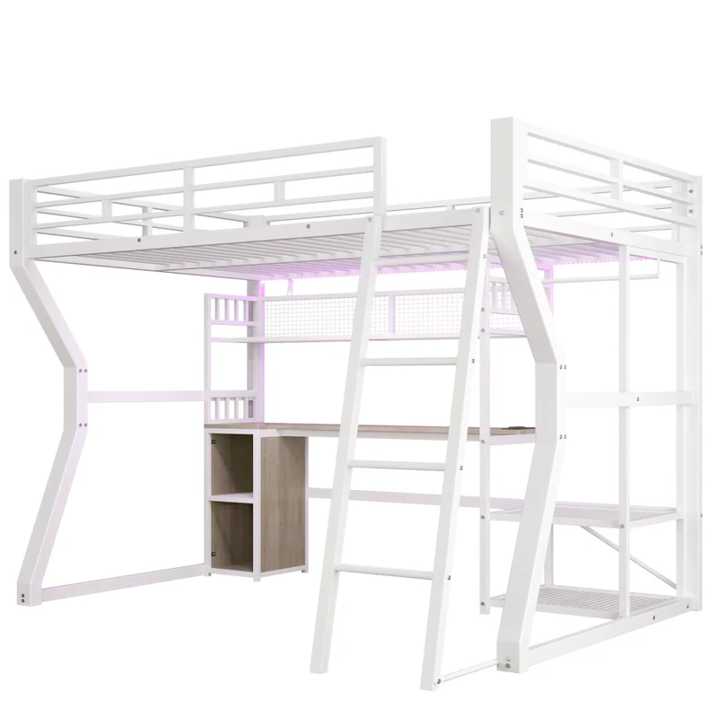 Letto a soppalco 140x200 con scrivania in metallo e MDF; luce regolabile; presa integrata; bianco
