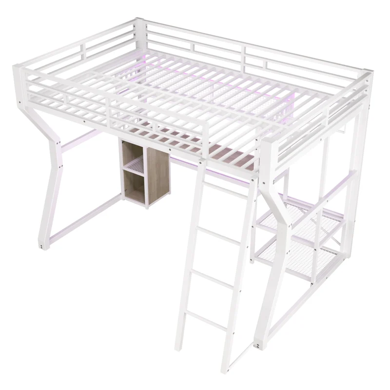 Letto a soppalco 140x200 con scrivania in metallo e MDF; luce regolabile; presa integrata; bianco