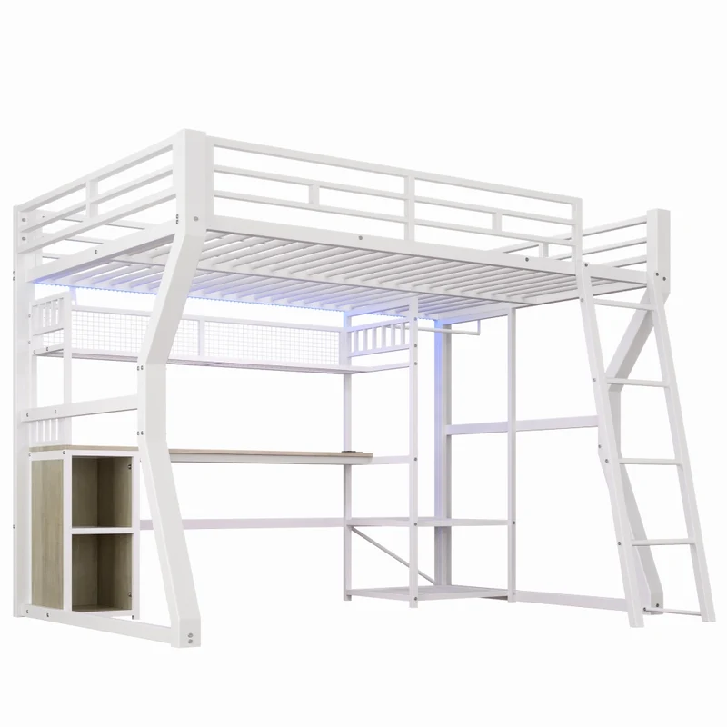 Letto a soppalco 140x200 con scrivania in metallo e MDF; luce regolabile; presa integrata; bianco