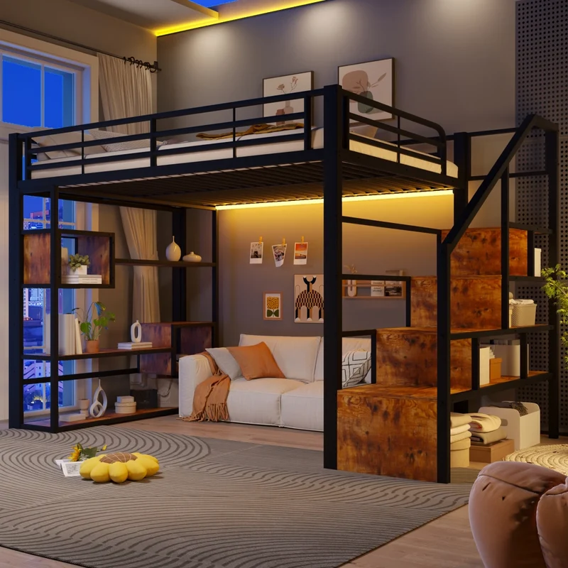 Letto a soppalco 140x200 in metallo e MDF; scala integrata; LED multicolore; nero