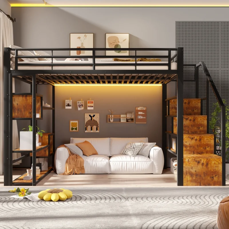 Letto a soppalco 140x200 in metallo e MDF; scala integrata; LED multicolore; nero