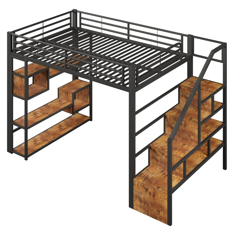 Letto a soppalco 140x200 in metallo e MDF; scala integrata; LED multicolore; nero