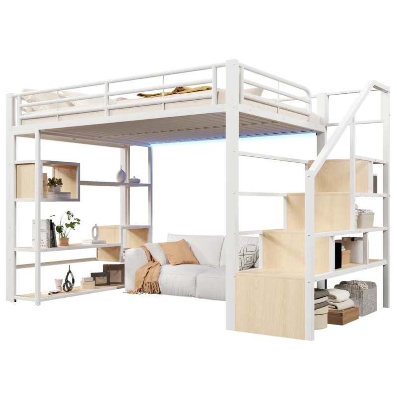 Letto a soppalco 140x200 cm in metallo e MDF con scala contenitore; protezioni e LED multicolore; bianco
