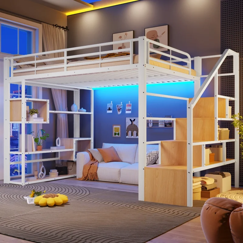 Letto a soppalco 140x200 cm in metallo e MDF con scala contenitore; protezioni e LED multicolore; bianco
