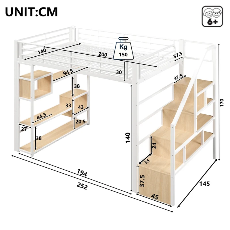 Letto a soppalco 140x200 cm in metallo e MDF con scala contenitore; protezioni e LED multicolore; bianco