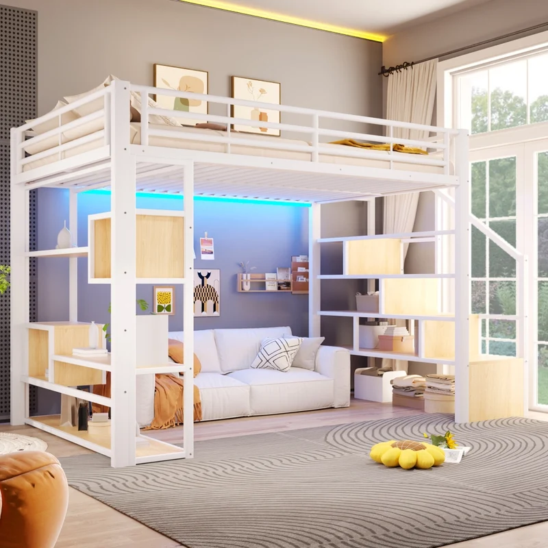 Letto a soppalco 140x200 cm in metallo e MDF con scala contenitore; protezioni e LED multicolore; bianco