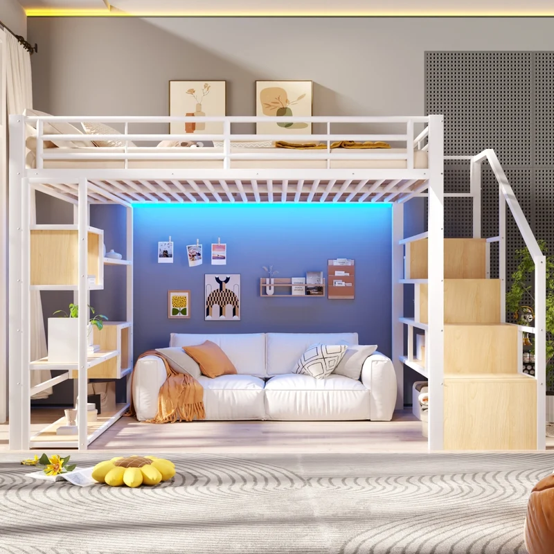 Letto a soppalco 140x200 cm in metallo e MDF con scala contenitore; protezioni e LED multicolore; bianco