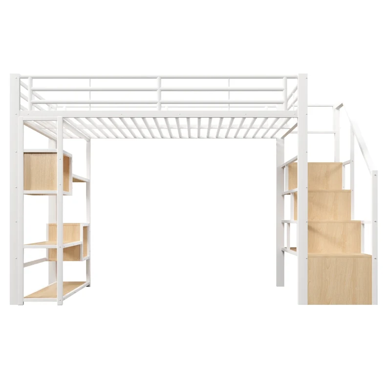 Letto a soppalco 140x200 cm in metallo e MDF con scala contenitore; protezioni e LED multicolore; bianco