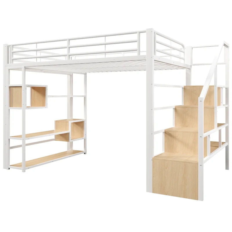 Letto a soppalco 140x200 cm in metallo e MDF con scala contenitore; protezioni e LED multicolore; bianco