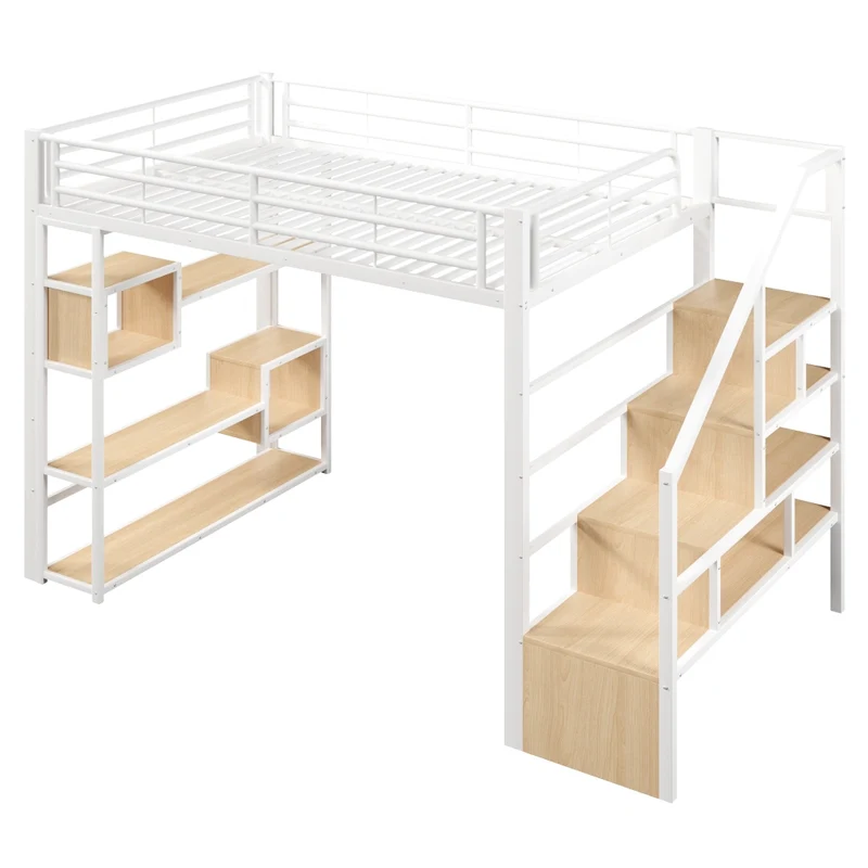 Letto a soppalco 140x200 cm in metallo e MDF con scala contenitore; protezioni e LED multicolore; bianco