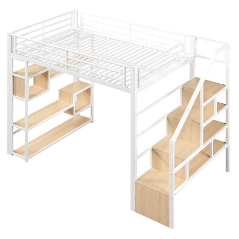 Letto a soppalco 140x200 cm in metallo e MDF con scala contenitore; protezioni e LED multicolore; bianco